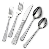 Yoehka 60-piece silverware set for 12 with hammered tree-pattern handles for cohesive dining.