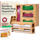 YOLYN bamboo kitchen organizer in front view keeping bags neatly arranged for easy access