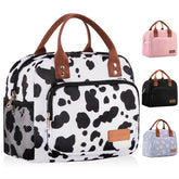 Yotrone Cow pattern lunch tote front pocket keeps phone and keys organized for the commute.
