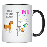 YouNique Designs personal trainer mug with unicorn design on 11oz ceramic for gym lovers.