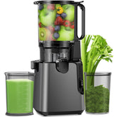 YPONE juicer front view with 5.8-inch feed chute for whole produce.
