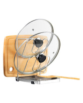 YQh pot lid holder with two compartments keeps lids organized and within reach during cooking.