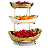 YYW 3-tier ceramic fruit bowl with stainless steel stand on countertop, for organized display.