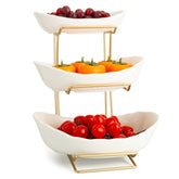 YYW 3 Tier Fruit Bowl on counter in white-gold ceramic finish for stylish organization.