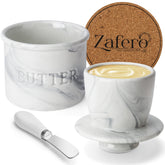 Zafero butter crock with lid keeps butter soft and fresh on countertop.