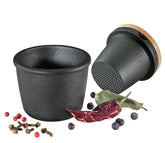 Zassenhaus cast iron spice grinder set with beech lid on countertop for fresh ground spices.