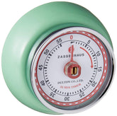 Zassenhaus magnetic retro timer with mint green dial on fridge, convenient kitchen timing.