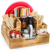 ZAVOOS paper plate dispenser in wood rustic finish keeps plates neatly accessible.
