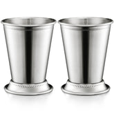 ZEAYEA mint julep cups in stainless steel with bead trim for elegant serving at home.