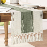 ZeeMart macrame style table runner close-up shows vibrant green and ivory tones.