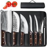 ZENG 7-piece butcher knife set with roll bag showing ergonomic walnut handles for precise meat prep