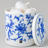 ZENWUKONG garlic keeper jar with lid shows blue floral ceramic design and keeps garlic fresh.