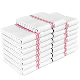 Zeppoli Classic towels with red stripes highlight durable woven texture for everyday kitchen use.