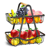 ZEROLUXE 2-tier fruit basket with wood handle on a ventilated counter keeps fruit fresh
