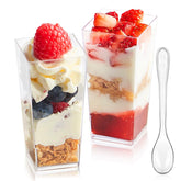 Zezzxu 50-pack mini dessert cups with spoons front view for catering servings.
