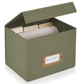 ZICOTO Beautiful Linen Recipe Box front view shows sage color and organized storage