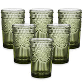 ZMOWIPDL vintage glassware set, six 13oz green textured flower glasses for entertaining