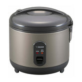 Zojirushi rice cooker in metallic gray showing one-touch operation for quick meals.