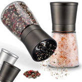 ZOLMER premium salt and pepper grinder set top view highlights sleek stainless steel body for precise seasoning.