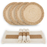 Zology boho placemats square natural cotton burlap; rustic wood table enhancement.