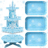 Zopeal snowflake 3-tier cupcake stand on a blue castle themed display.