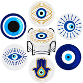 Zubebe evil-eye coaster set with holder shown on display for organized surfaces.