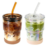 Zukro 13 oz amber glass iced coffee cup with lid for spill-free travel.