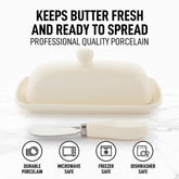 Zulay butter dish with lid in ivory porcelain keeps butter neatly ready for spreading.