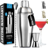 Zulay Kitchen 24oz cocktail shaker set with built in strainer for smooth mixing.