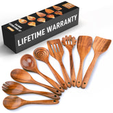 Zulay Kitchen 9-piece teak utensils overview showing durable natural finish.