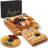 Zulay Kitchen premium bamboo charcuterie board top view, durable surface for elegant entertaining