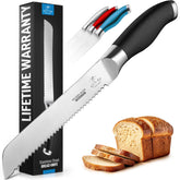 Zulay Kitchen serrated bread knife with 8-inch blade slicing crusty bread smoothly.