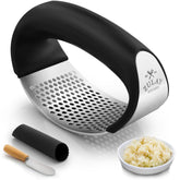 Zulay Kitchen stainless steel garlic press rocker in black for effortless mincing.