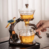 Zurucily Kungfu Glass Tea Set base with bird motif enhances table elegance and clarity
