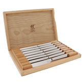 ZWILLING Contemporary 8-piece steak knife set in a box front, ideal for gifting.