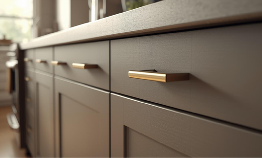 Brass kitchen handles fitted on modern kitchen cabinets