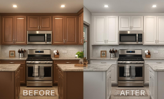 Painted kitchen cupboards showing a modern DIY kitchen makeover