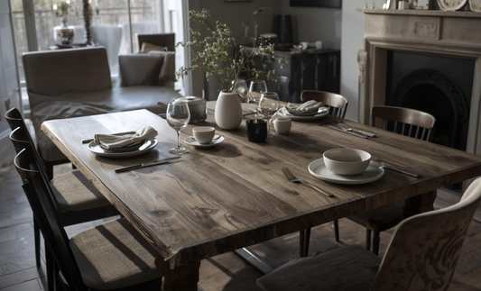 Extendable wooden dining table set in a British dining room