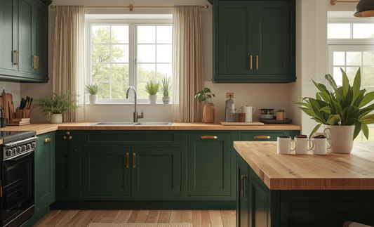 Green kitchen cabinets with wooden worktop in a modern UK home