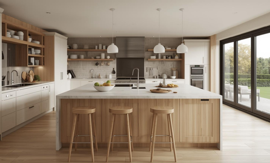 Kitchen island with bar stools in a modern UK open-plan kitchen