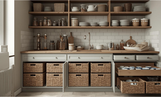 Organised kitchen storage with shelves and drawers in a UK home