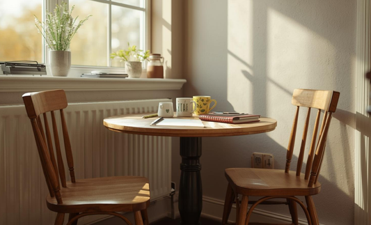 Small wooden kitchen table used for everyday dining in a UK home
