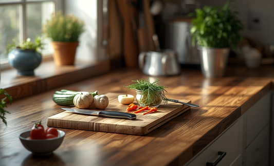 Wooden kitchen worktop used for everyday food preparation in a UK home