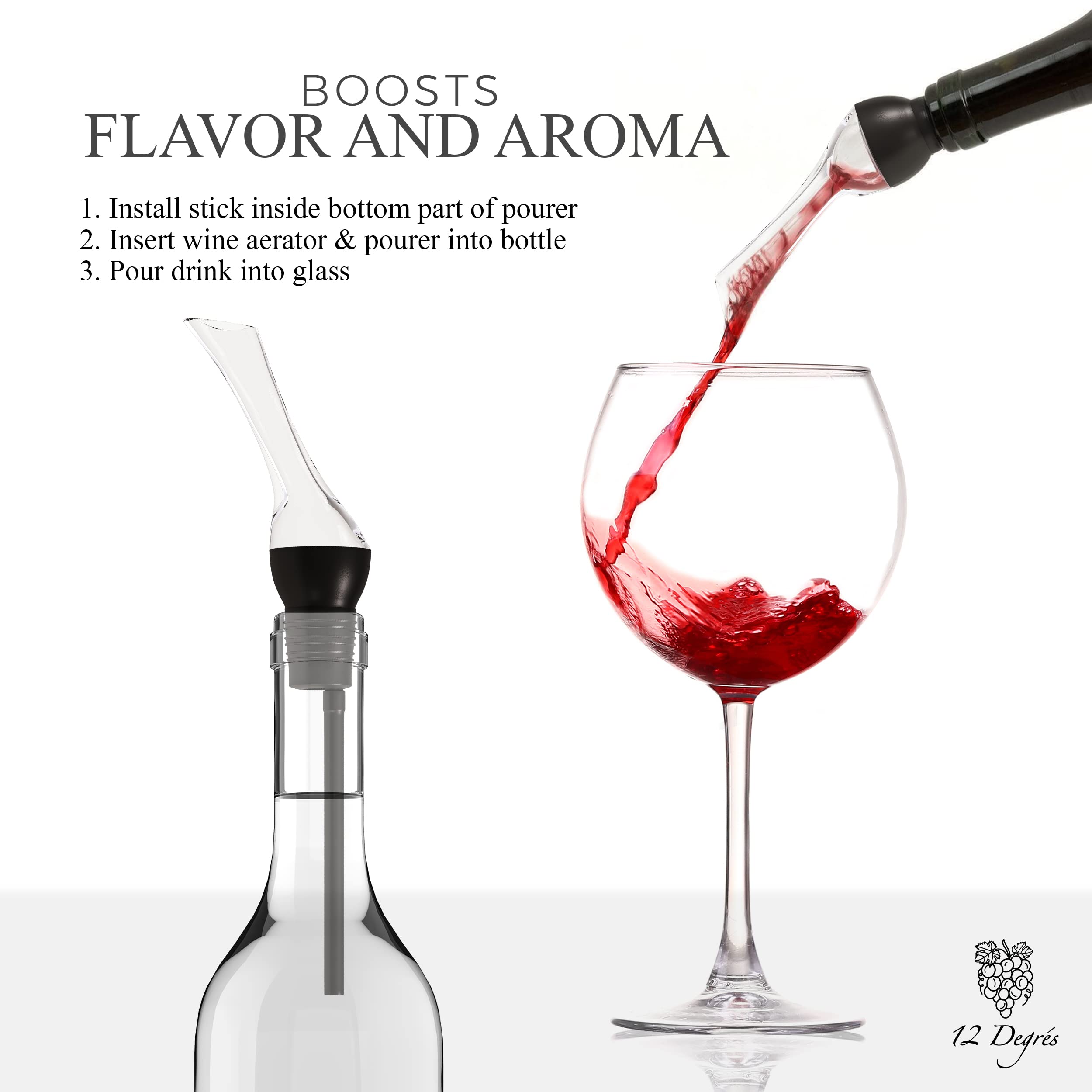 12 Degrés wine pump aerator delivers effortless aroma with every pour.