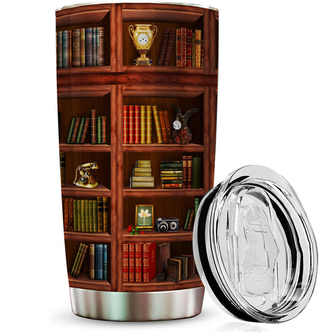 2IMT Bookish Gifts Library Tumbler with bookshelf design keeps beverages ready on the go