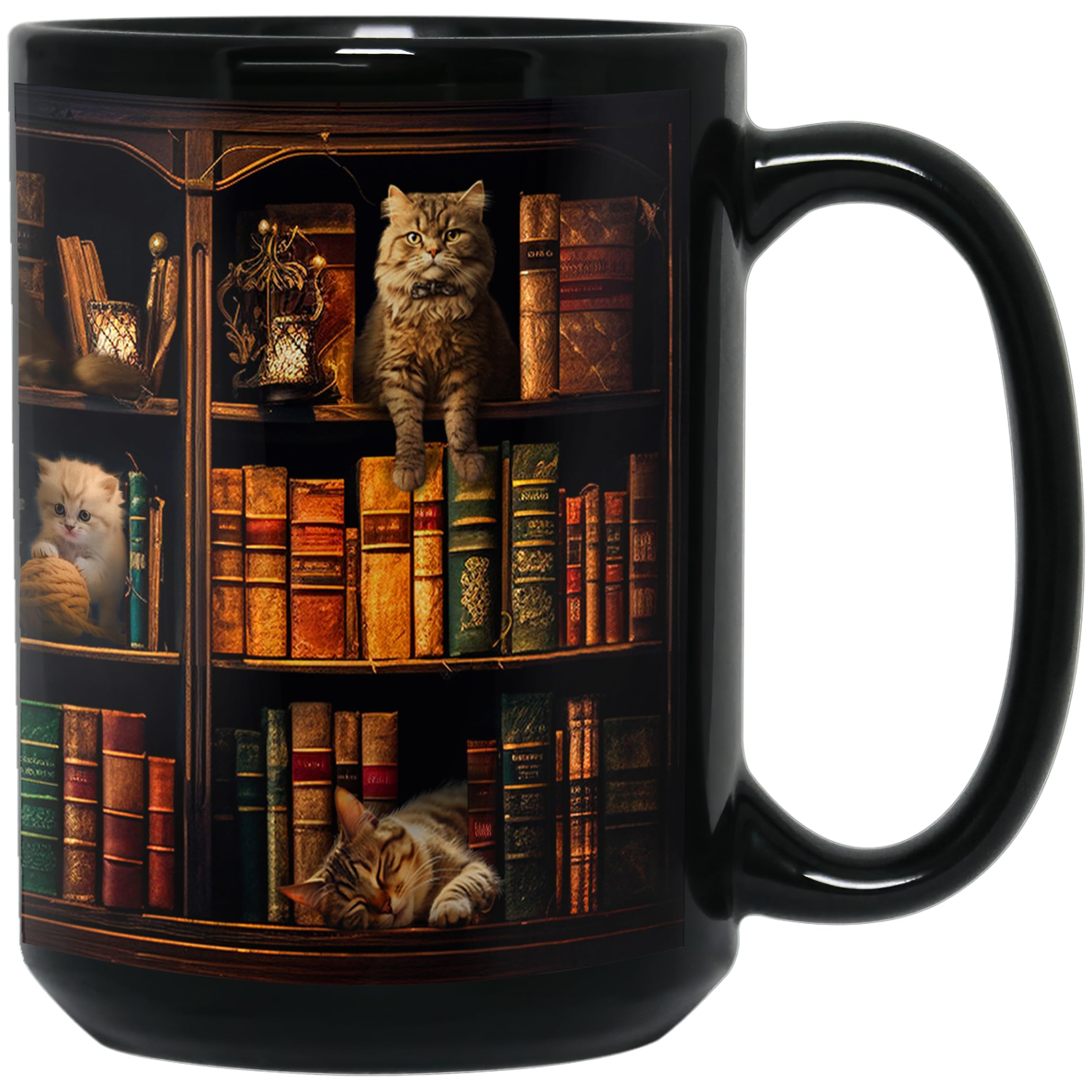 2IMT cat book mug with bookshelf pattern for book lovers.