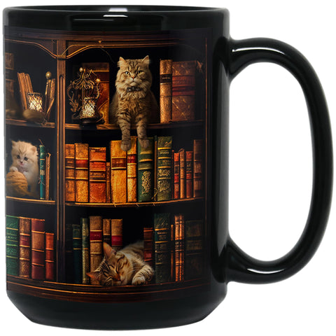 2IMT cat book mug with bookshelf pattern for book lovers.