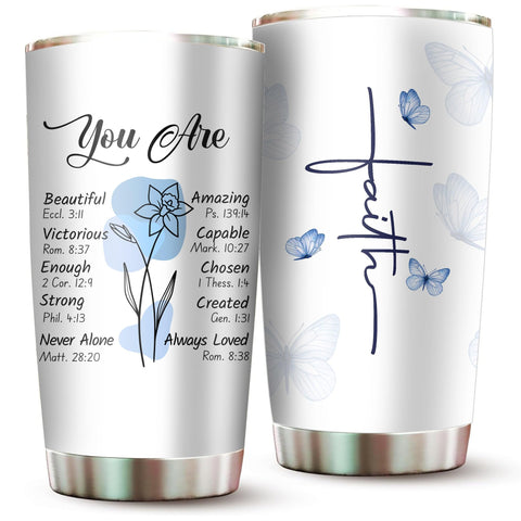 2IMT Christian tumbler with floral design keeps beverages hot or cold for hours.