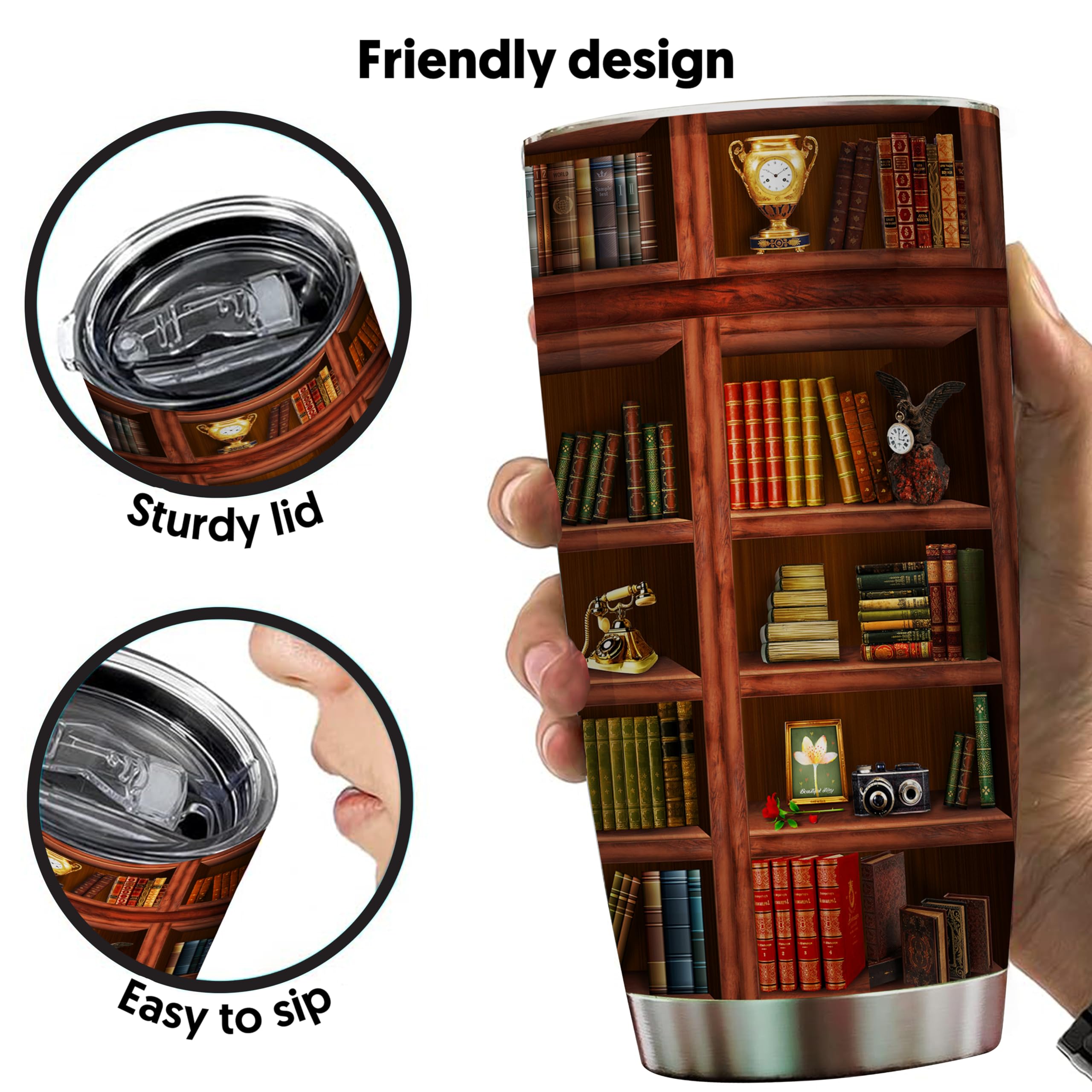 2IMT Library Shelf Print 20oz Tumbler with spill-proof lid for easy transport