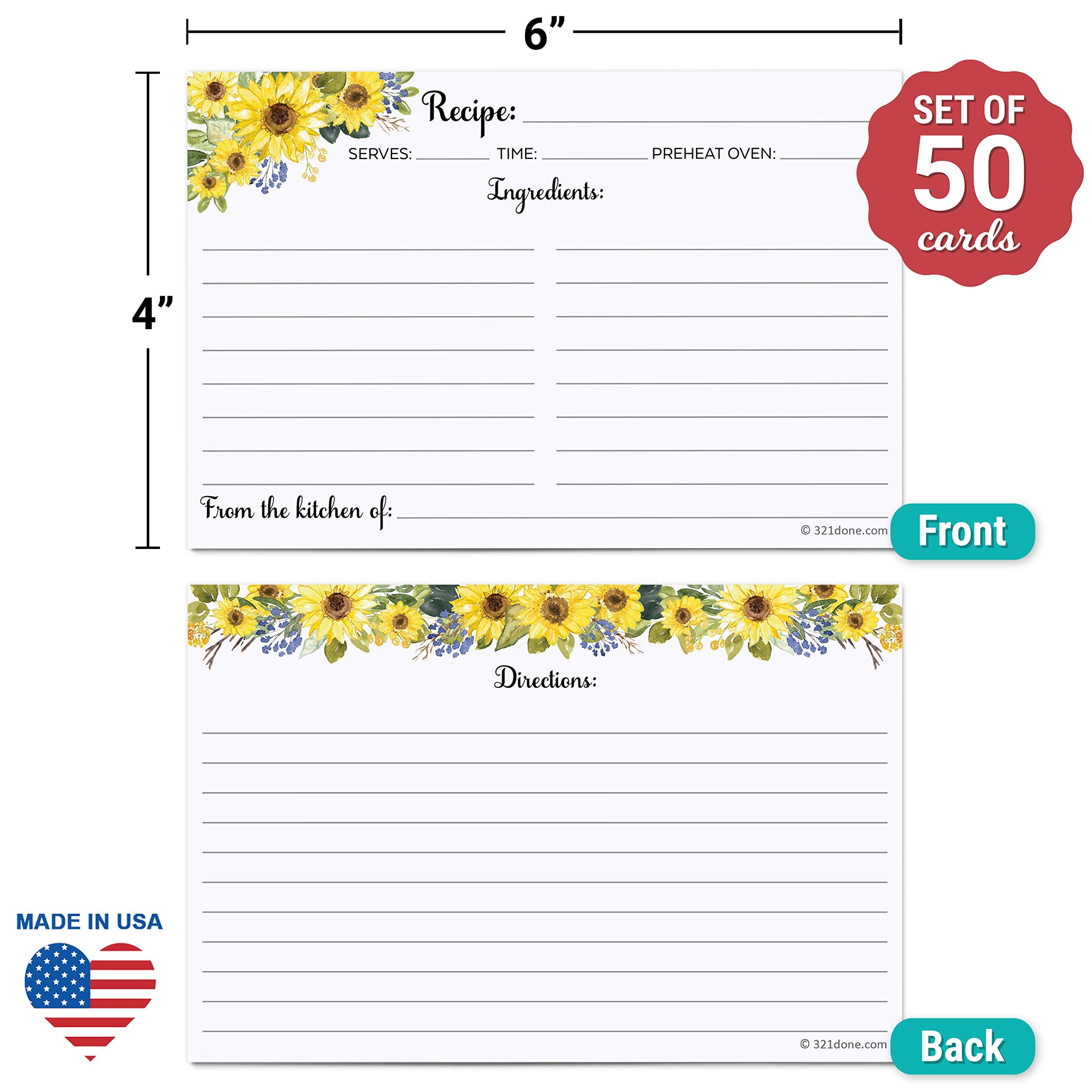 321Done Sunflower Recipe Cards back view with double-sided printing.